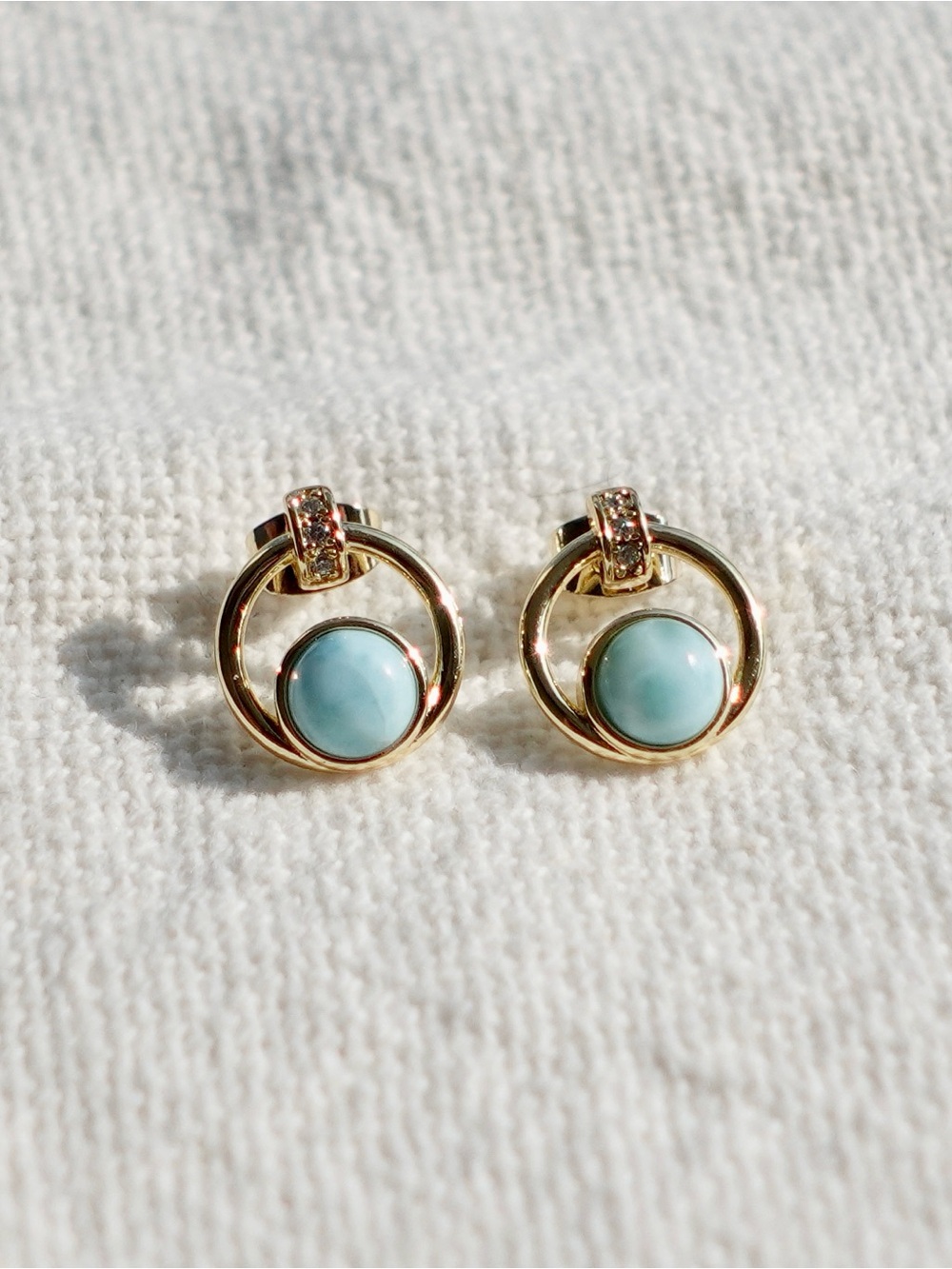 NEW! Gold Plated Stud Earrings with Larimar Stone - Picture 2 of 5